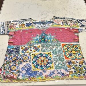 Johnny Was 100% Silk Multicolor Patchwork Short Sleeve Tee